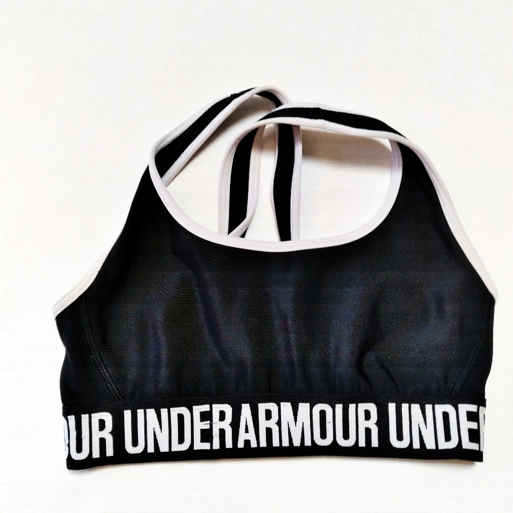 Under Armour Black and White Spell Out Compression Criss Cross Sports Bra